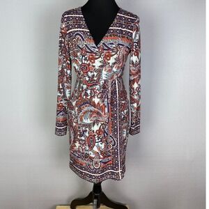 Gianni Bini‎ Boho Paisley Wrap Dress V-Neck Long Sleeve Knee Length Multicolor